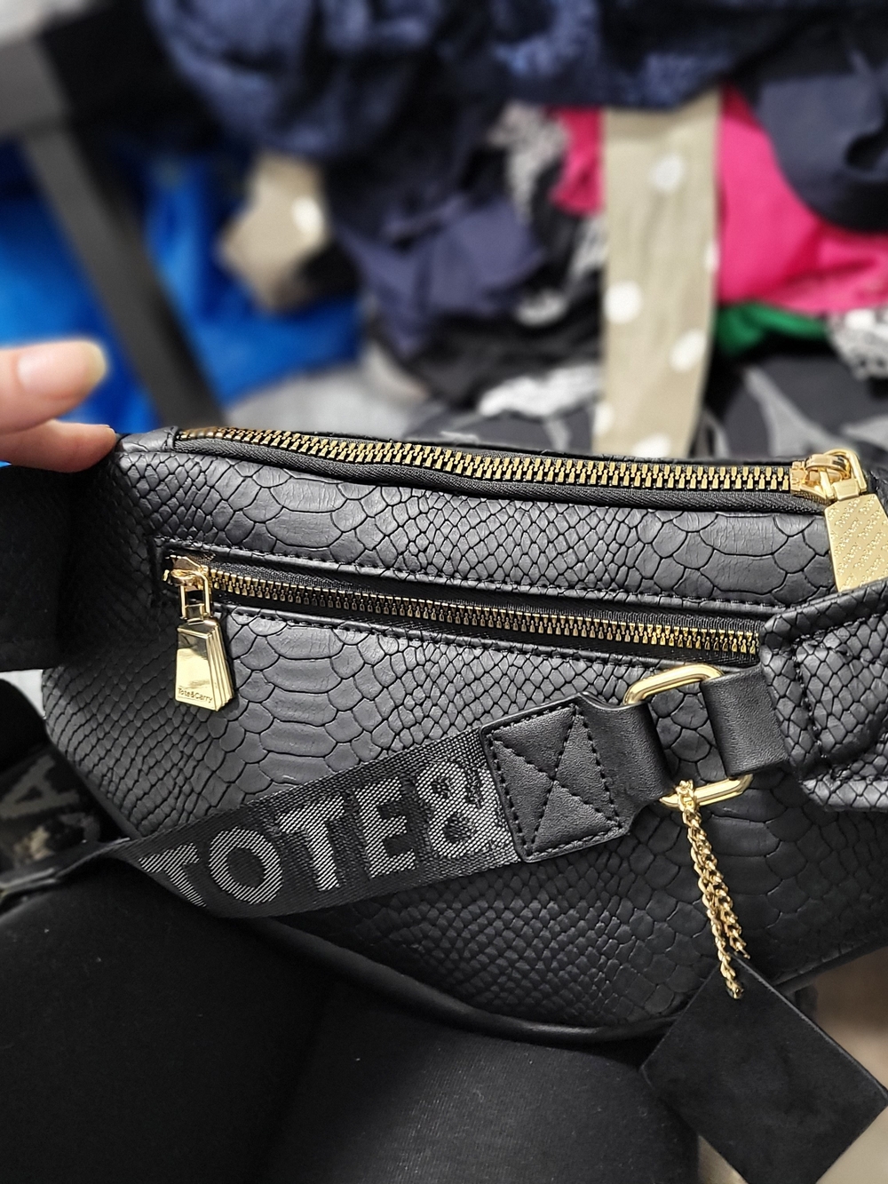 Textured Black Tote & Crossbody Bag with Gold Hardware